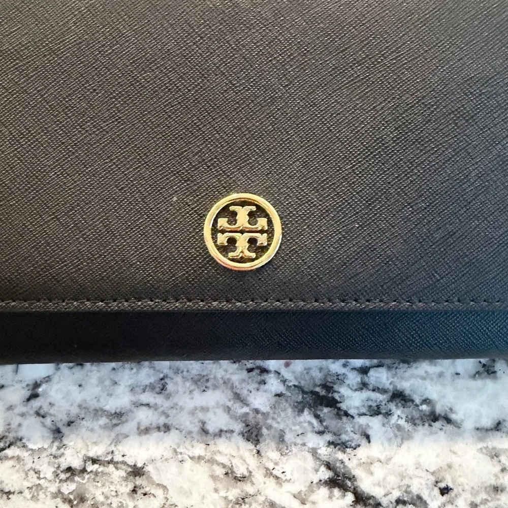 Tory Burch Black Saffiano Robinson or Emerson Gold Chain Bag Wallet Purse